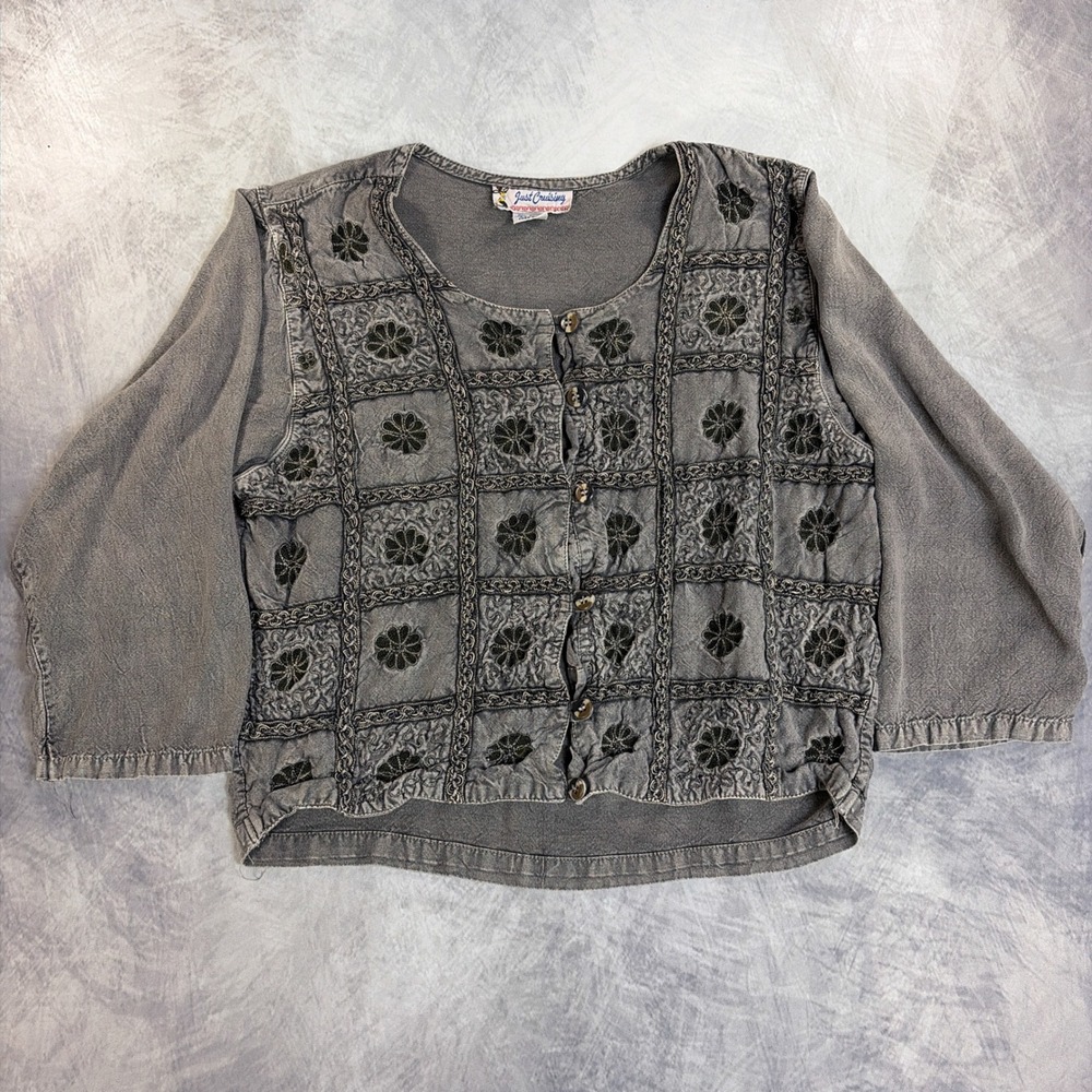 Vintage Just Cruising Button Top Womens Free Size Grey Floral Embroidered Boho
